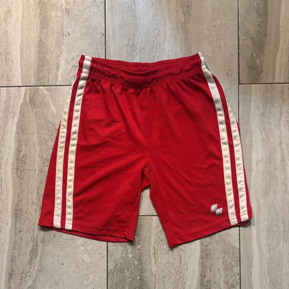 Red Athletic Mesh Shorts with White Stripes